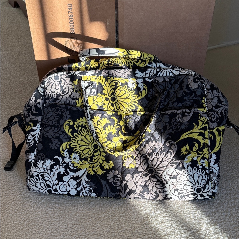 Quilted Floral Travel Weekender Bag - Black, Yellow & White